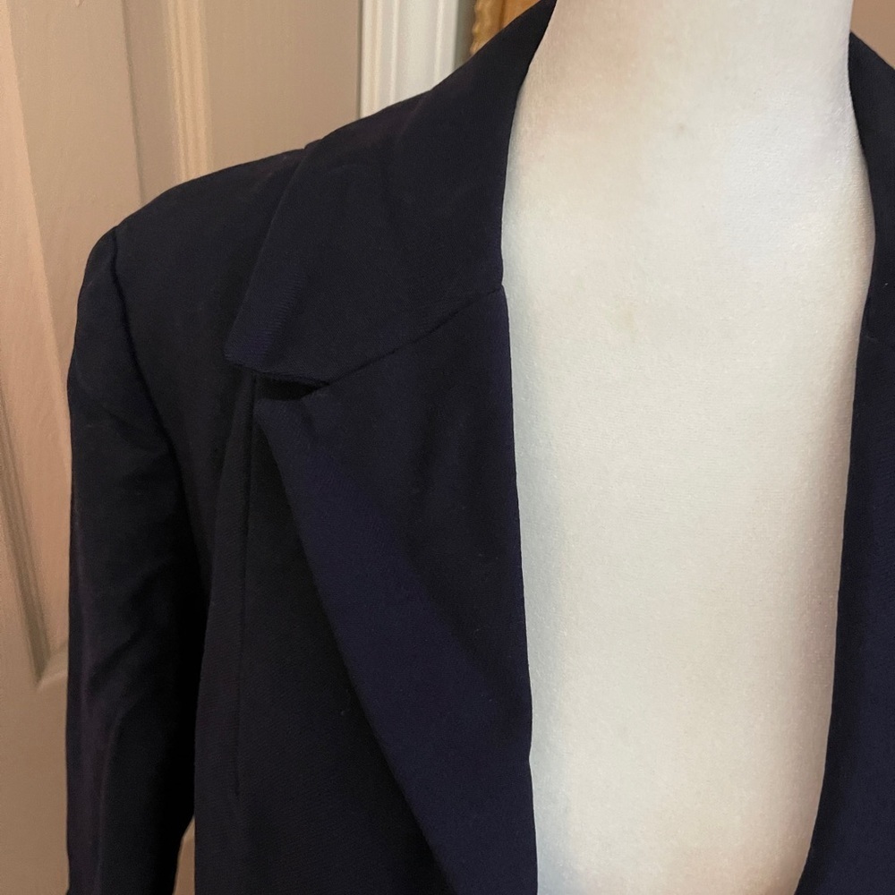 Vintage navy wool satin lined 3/4 sleeve 1950s open front custom made coat. M. - Picture 2 of 10